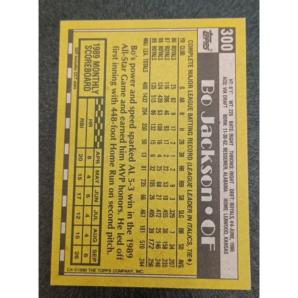 1990 Topps #300 Bo Jackson Kansas City Royals Baseball Card MLB - Picture 2 of 2